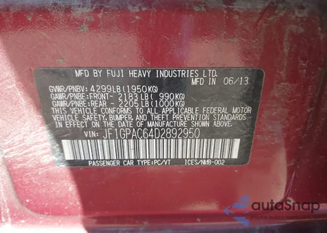 2013 Subaru Impreza 2.0I Premium из США, поврежденный, VIN JF1GPAC64D2892950